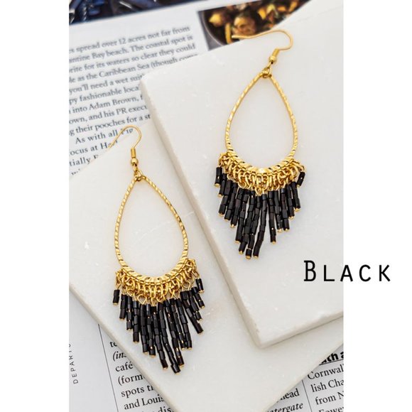 NEW Tear Drop Hoop Beaded Tassel Fringe Drop Statement Earrings Black Ivory Pink - Picture 3 of 9